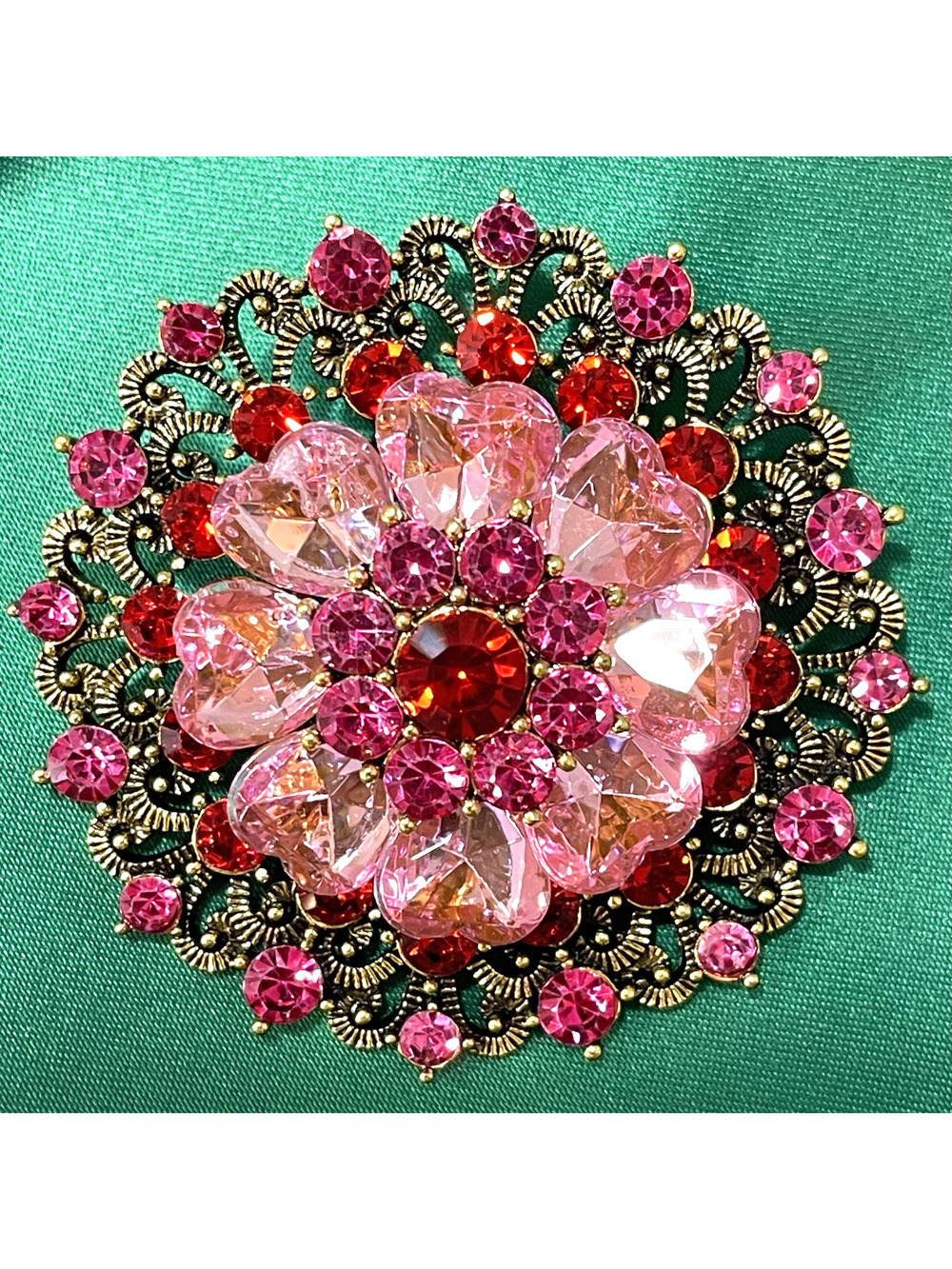 NWOT Pink Floral Rhinestone Crystal Brooch Lapel Pin Gold Toned Filigree Elegant